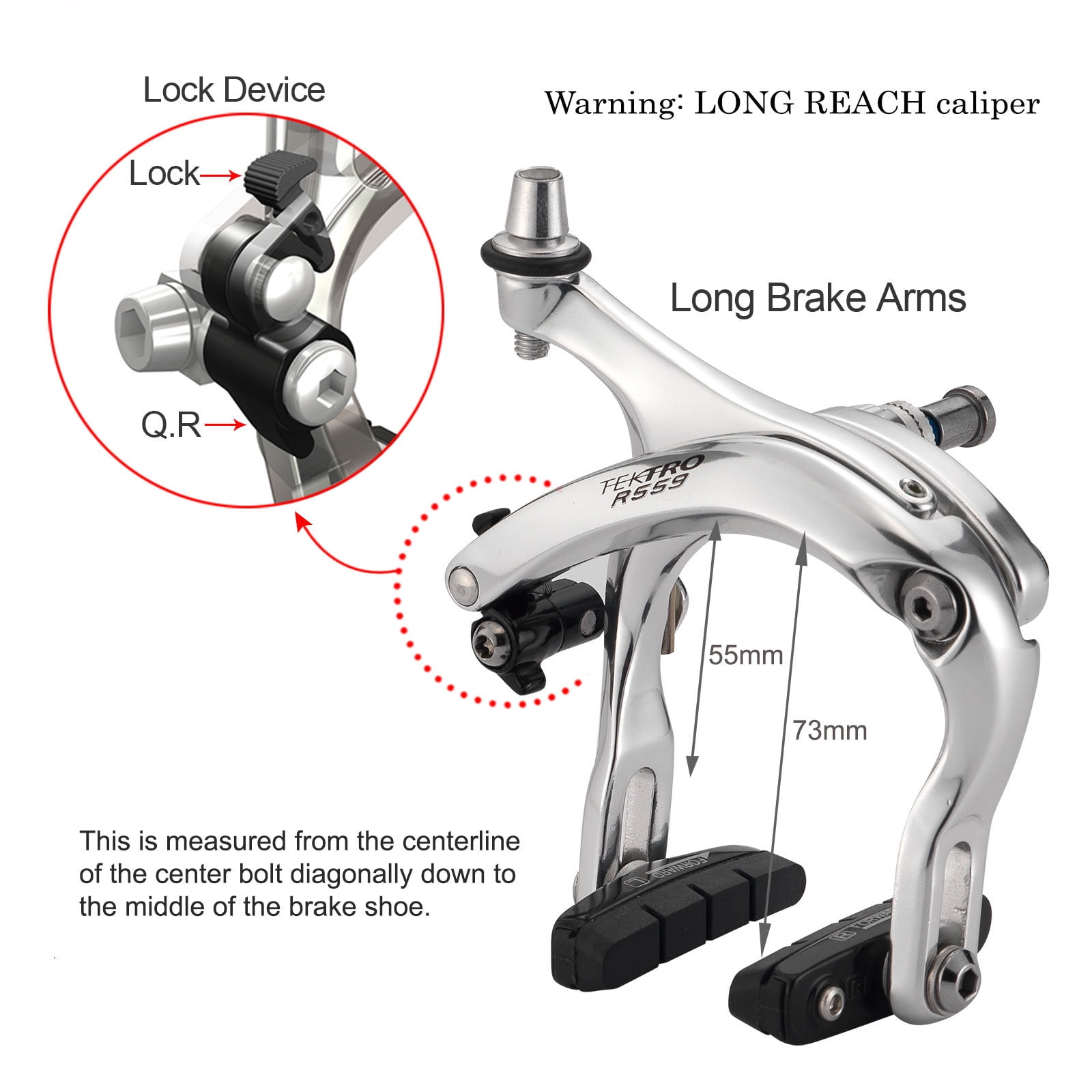 Tektro R559 Long Reach Arm Road Caliper Brake 55-73mm Front//Rear//Sets Silver