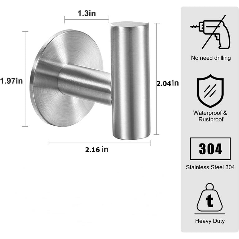 10Pack Self Adhesive Hooks - Stainless Steel Bathroom Hooks Bath Towel Hook  - Coat Robe Hook Brushed - Silver