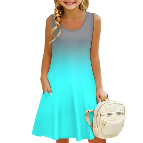 LTTVQM Girls Summer Dresses Size 7-8 Sleeveless Gradient Sundress Cute Round Neck Tank Dresses Holiday Cover Up Dress with Pockets Sky Blue 7-8