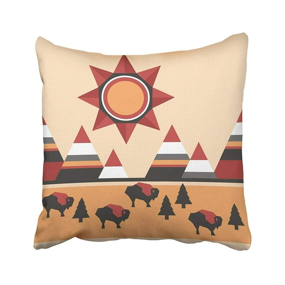 RYLABLUE Black Pattern Native Style Landscape With Mountains Buffaloes And Sun Pillowcase Cushion Cover 16x16 inch