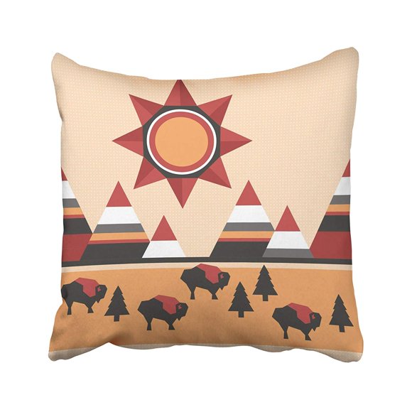 RYLABLUE Black Pattern Native Style Landscape With Mountains Buffaloes And Sun Pillowcase Cushion Cover 16x16 inch