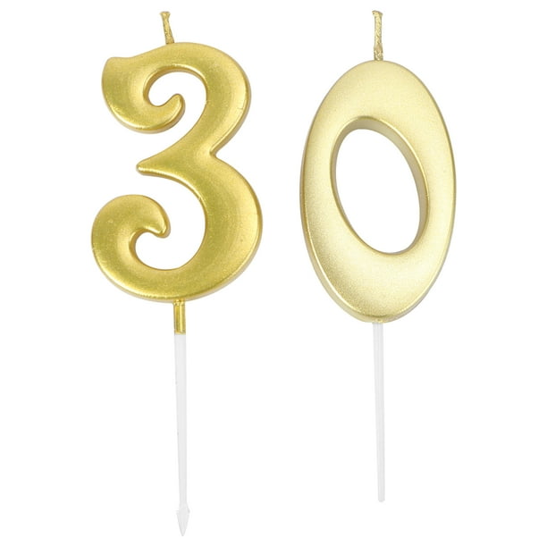 2pcs 30 velas de cumpleaños número decoración de la torta de cumpleaños velas suministros para fiestas (número 3 + 0, dorado)