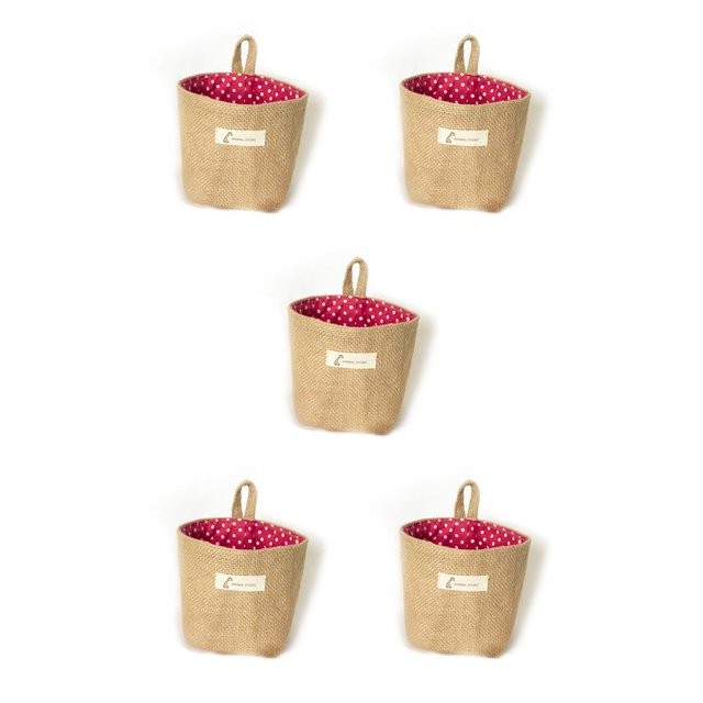 Bewildely Living Room Wall Hanging Pocket Storage Linen Organizer Sack Bras Sundries Clothes Bag Basket Cotton Tabletop Decoration Punto rojo 5piezas