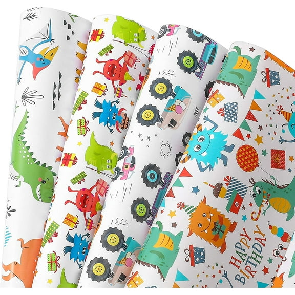 RICHTOP Dinosaur Monster Truck Gift Wrap Paper, 10 Sheets, 20 x 29 inch, All Occasion