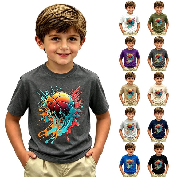 JAJAHO Boys Graphic T Shirt Short Sleeve Basketball Print Crewneck Tee For Kids Comfortable Clothing 2-13 Years Stylish Tops