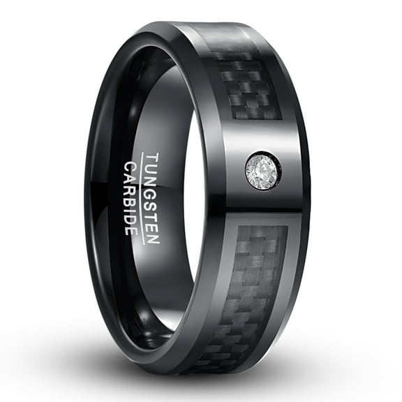8mm Men's Black Tungsten Carbide Rings with CZ Inlay Carbon Fiber Wedding Band Size 7-12