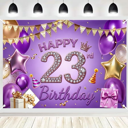 Happy 23rd Birthday Polyester Backdrop Purple Gold Party Photo Booth Background Banner for Indoor & Outdoor Use 5x7ft