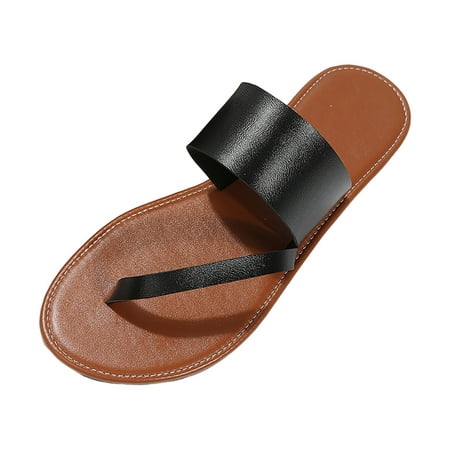 

Ladies Fashion Summer Solid Leather Clamping Toe Flat Bottom Beach Slippers