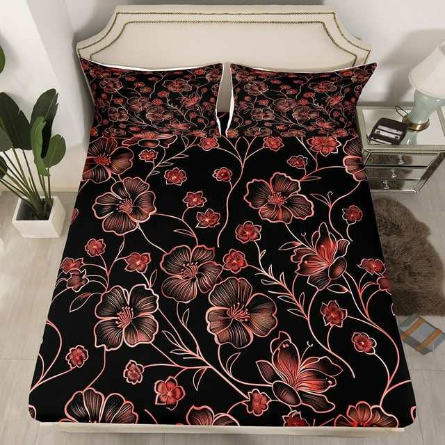Erosebridal Red Flower Print Fitted Sheet Full, Retro Mandala Bedding Set Full Size, Botanical Plant Decor(No Top Sheet)