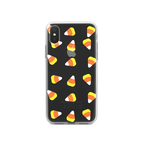 DistinctInk Clear Shockproof Hybrid Case for iPhone XS Max (6.5" Screen) - TPU Bumper, Acrylic Back, Tempered Glass Screen Protector - Repeating Candy Corn
