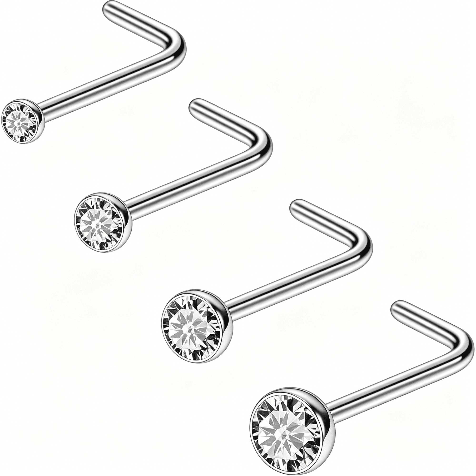 DESIGNICE Titanium Nose Rings 18G 20G 22G Jeweled Clear Round Cubic Zirconia Nose Studs Ring Screw L-Shaped Bone Hypoallergenic Body Piercing Jewelry for Women 1.5Mm 2Mm 2.5Mm 3Mm 4Pcs