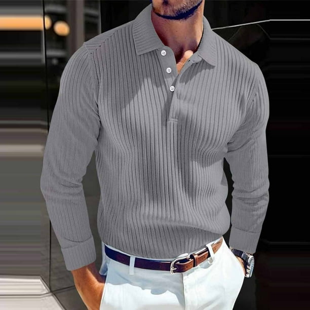 pstuiky Camisas casuales de manga larga para hombre, Top informal holgado de color liso con medio botón y solapa de manga larga para hombre Tops de talla grande para hombre s