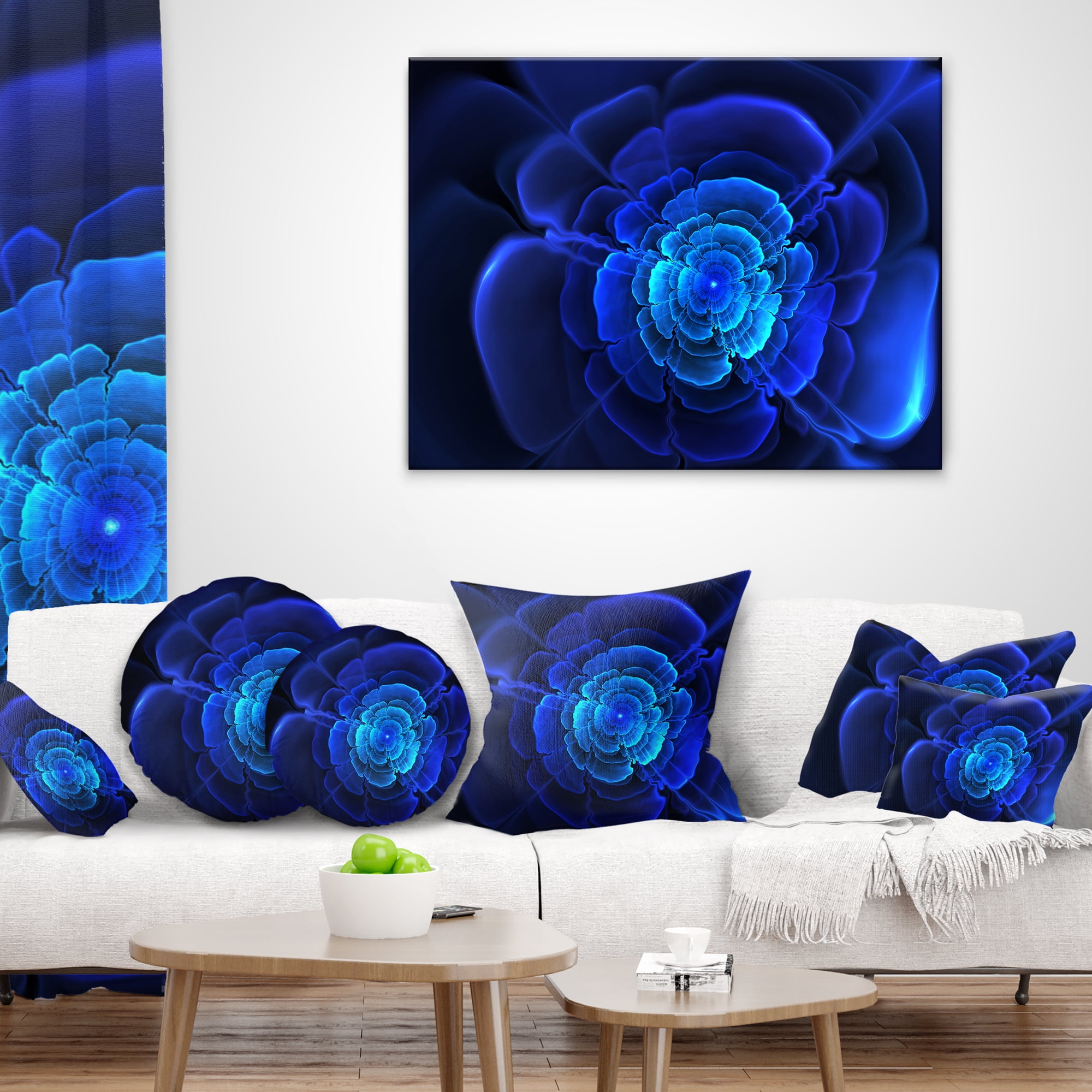 Designart Bright Blue Fractal Flower in Dark - Floral Throw Pillow - 12x20