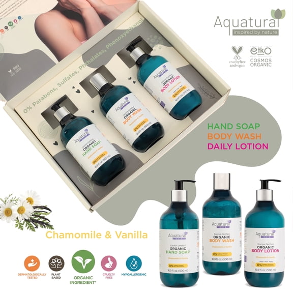 Aquatural Organic Body Care Set, Chamomile and Vanilla, Body Wash Hand Soap and Body Lotion, 3 Piece Set, 16.9 fl oz
