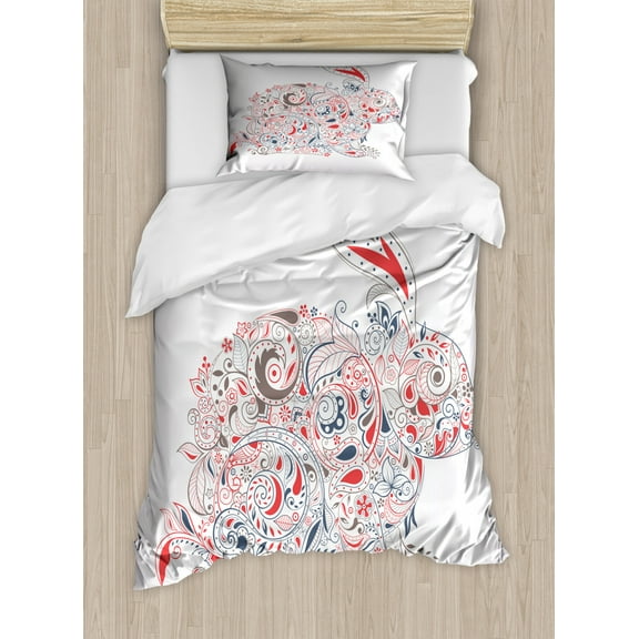 Bunny Duvet Cover Set Twin Size, Ornamental Easter Bunny Drawing Orient and Strokes Detailed, Decorative 2 Piece Bedding Set with 1 Pillow Sham, Vermilion Purpleblue, by Ambesonne