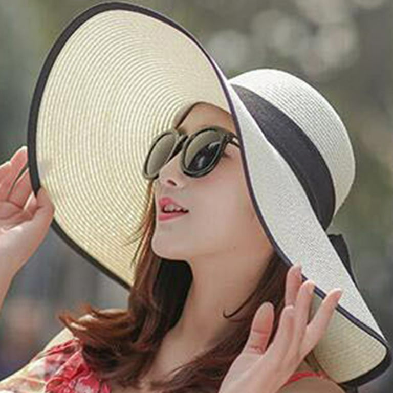 Mifelio Sun Hats for Women, Women Big Brim Hat Sun Floppy Wide Brim Hats Bowknot Folding Beach Cap Beach Hats for Women White One size, Women's