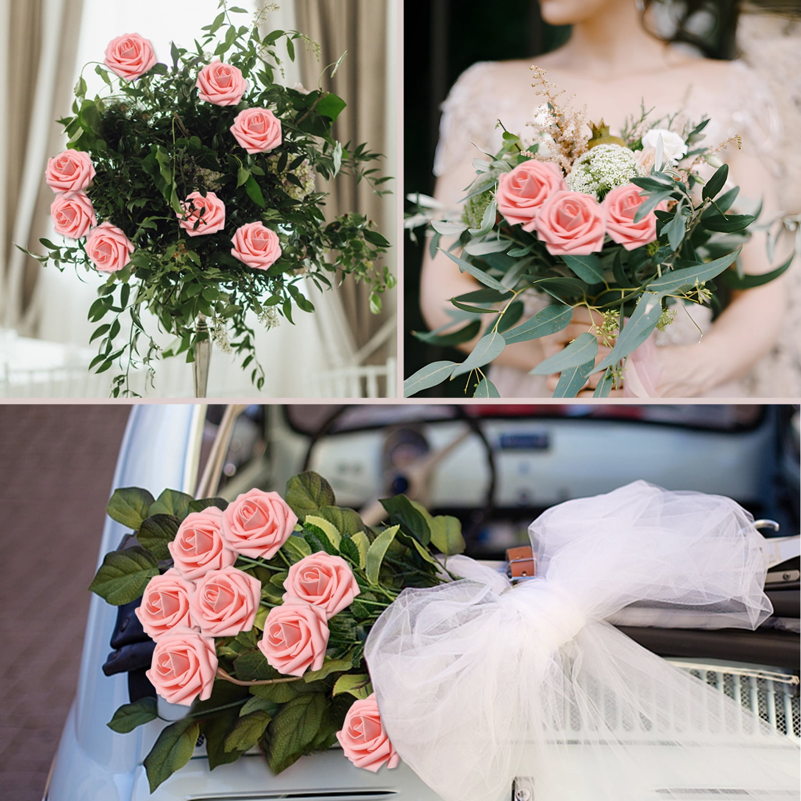 Artificial Flowers Pink Roses 200PCS Real Looking Foam Fake Roses with Leaves and for DIY Wedding Bouquets Bridal Shower Centerpieces Party Decorations