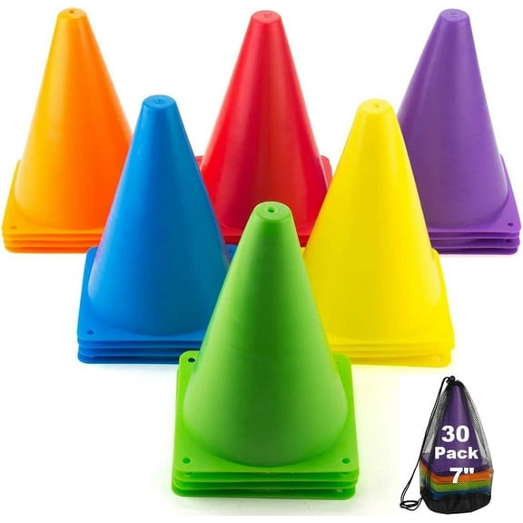 30 Pack Soccer Cones, 7 Inch Colored Cones for Sports, Traffic Cones Training Agility Field Marker Plastic Cone for Skating, Football, Games, Indoor Outdoor Activity & Festive Events, 6 Colors