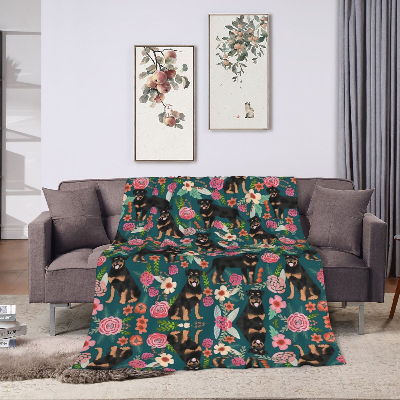 Wijzvio Rottweiler Floral Dog Throw Blanket Soft Fuzzy Fleece Blanket For Couch Bed Living Room Decoration 60"X50"