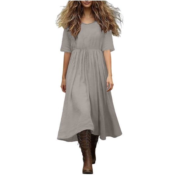 Ruimatai Women's Casual Linen Midi Dress V Neck Short Sleeve Elastic Waist Flowy Long Dresses for Summer Daily Wear