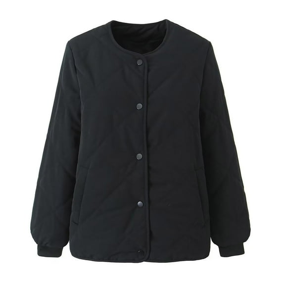 Black and Friday Clothing Sales Idoravan Women's Quilted Puffer Coat,Women's Fashionable Round Neck Single Breasted Thickened Cotton Jacket with Warm and Plush Jacket Black S