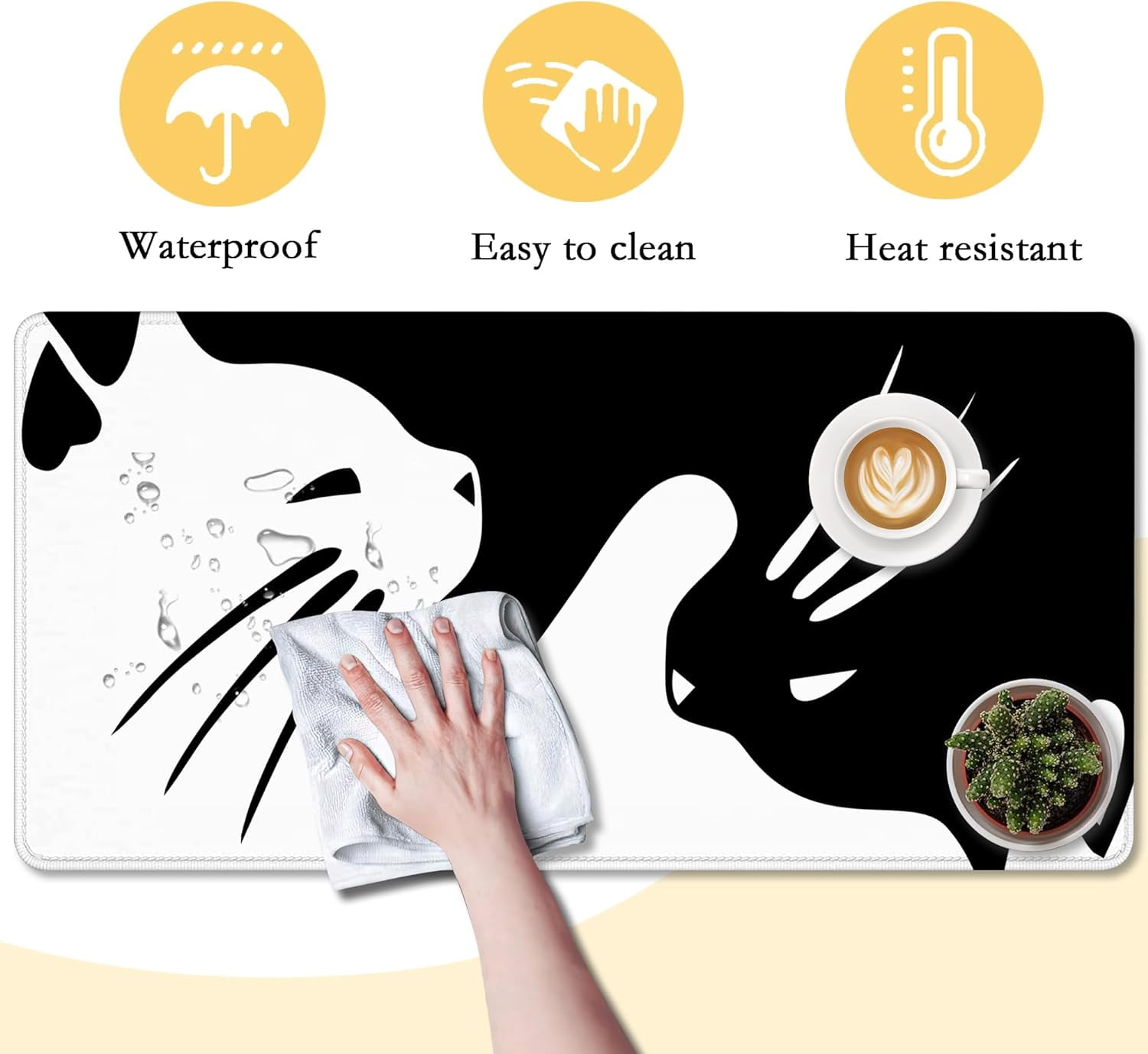 Cute Black and White Cats Desk Mat,Large Gaming Mouse Pad,Non-Slip Rubber Base Mousepad with Stitched Edges,Waterproof Mouse Mat Desk Pad for Work, Game, Office (31.5x15.7 in)