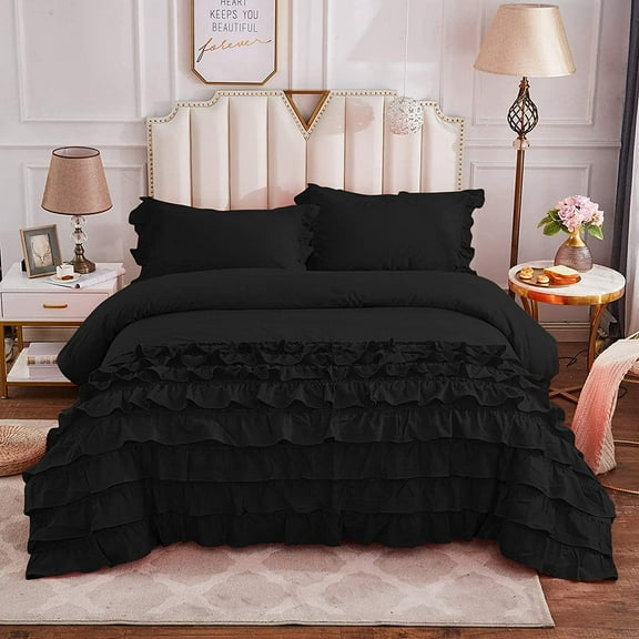 Half Ruffle Duvet Cover Set 3 Piece, 100% Egyptian Cotton, with Hidden Zipper Closure, 400 Thread Count, Extra Soft and Luxury - Black Solid, Twin Size.