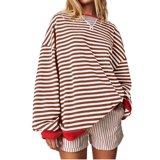 camisa deportiva de cuello redondo de manga larga con bloques de color a rayas de gran tamaño para mujer camisa de jersey holgada informal top rojo/l