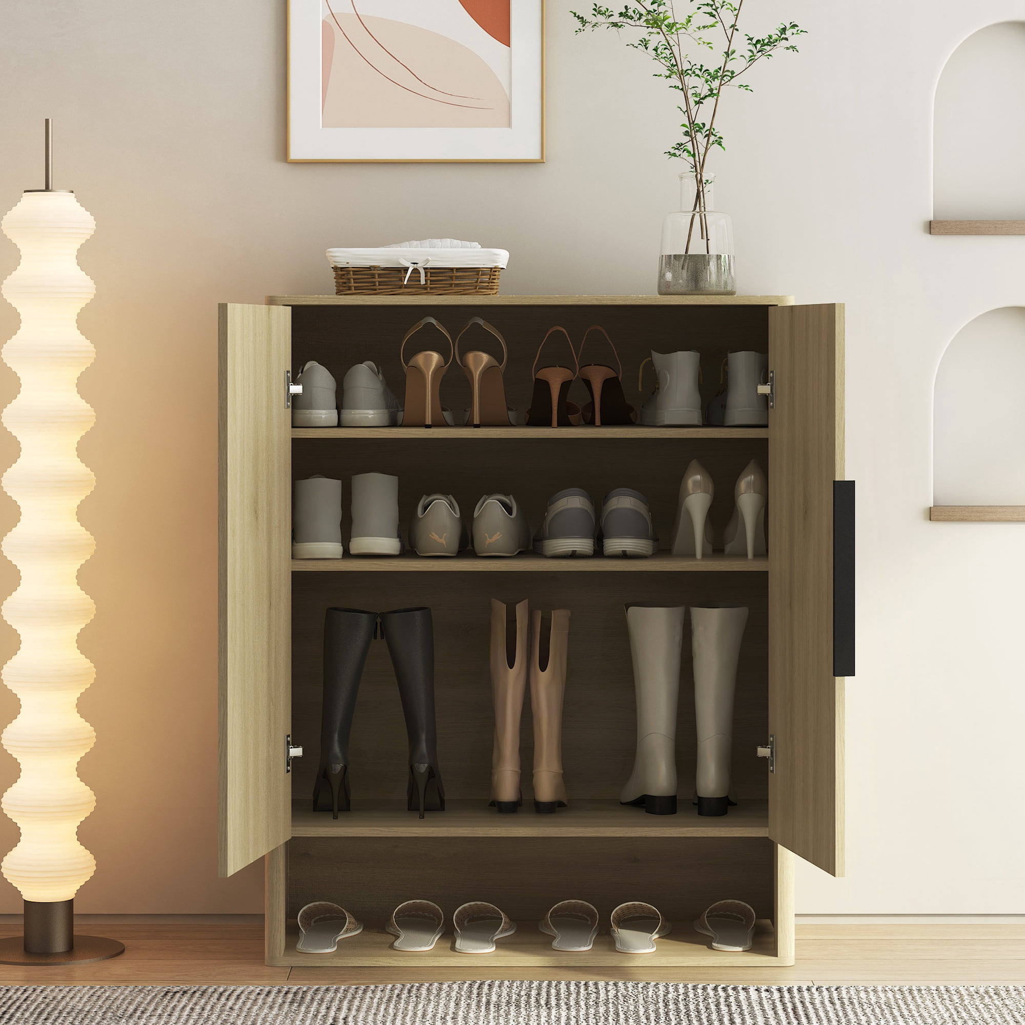 Aukfa 4-Tier Entryway Shoe Cabinet with Adjustable Shelves, Wooden Shoe Storage Organizer, Anti-Tip Design, Natural