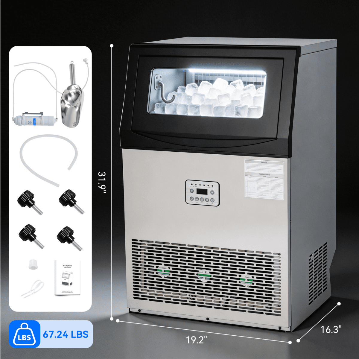 Commercial Ice Maker Machine, 200 Lbs/24H with 33 Lbs Storage, 96 Cubes, Under Counter/Freestanding Ice Makers, Stainless Steel