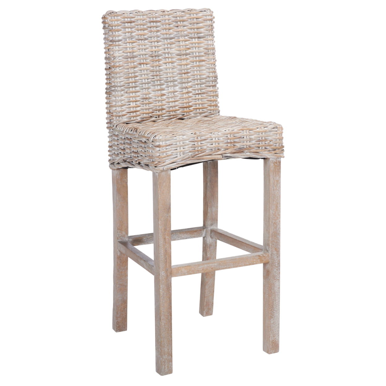 SAFAVIEH Tobie Rattan Bar Stool w/ Footrest, Grey White Wash