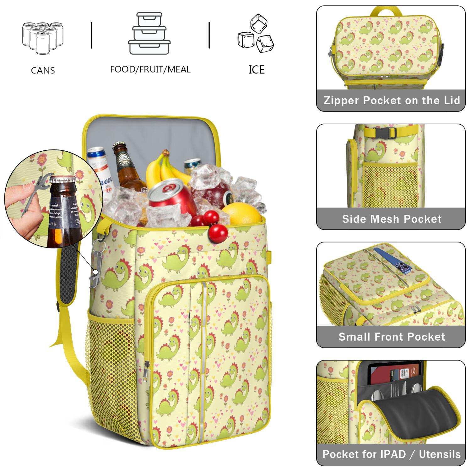 Travel Cooler Bag - Yellow Cartoon Dinosaurs Flowers Hearts Pattern Camping Beer Cooler Backpack with Bottle Opener- Waterproof Insulated Picnic Backpacks - Cooler Bag for Beach