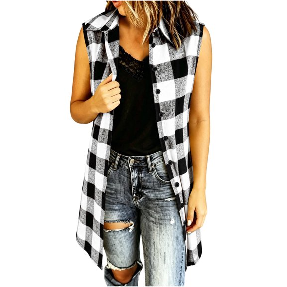 Meichang Flannel Long Vest for Women Button Down Collar Plaid Sleeveless Jacket Fall Winter Long Vest Jackets
