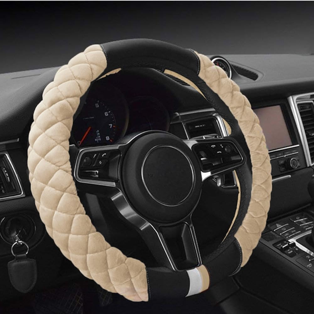 Universal 15 Inches Car Steering Wheel Cover Fluffy Winter Plush Steering Wheel Cover, Beige