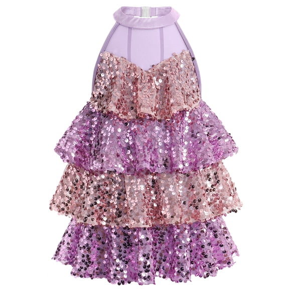 IBTOM CASTLE Girls Sequin Dance Outfit Sparkly Latin Hip Hop Jazz Dance Outfit Halter Mesh Ruffle Dress Top and Shorts Dancewear 6-7 Years Light Purple