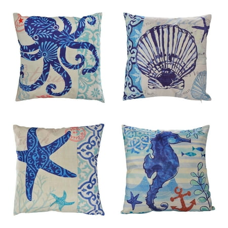 Print Decorative Throw Pillow - Outgeek 4Pcs Pillow Cases Ocean Theme Printed Linen Pillow Covers Decorative Throw Pillows Covers Square Pillow Case for Women Men Living Room Bedroom Sofa Home Decor