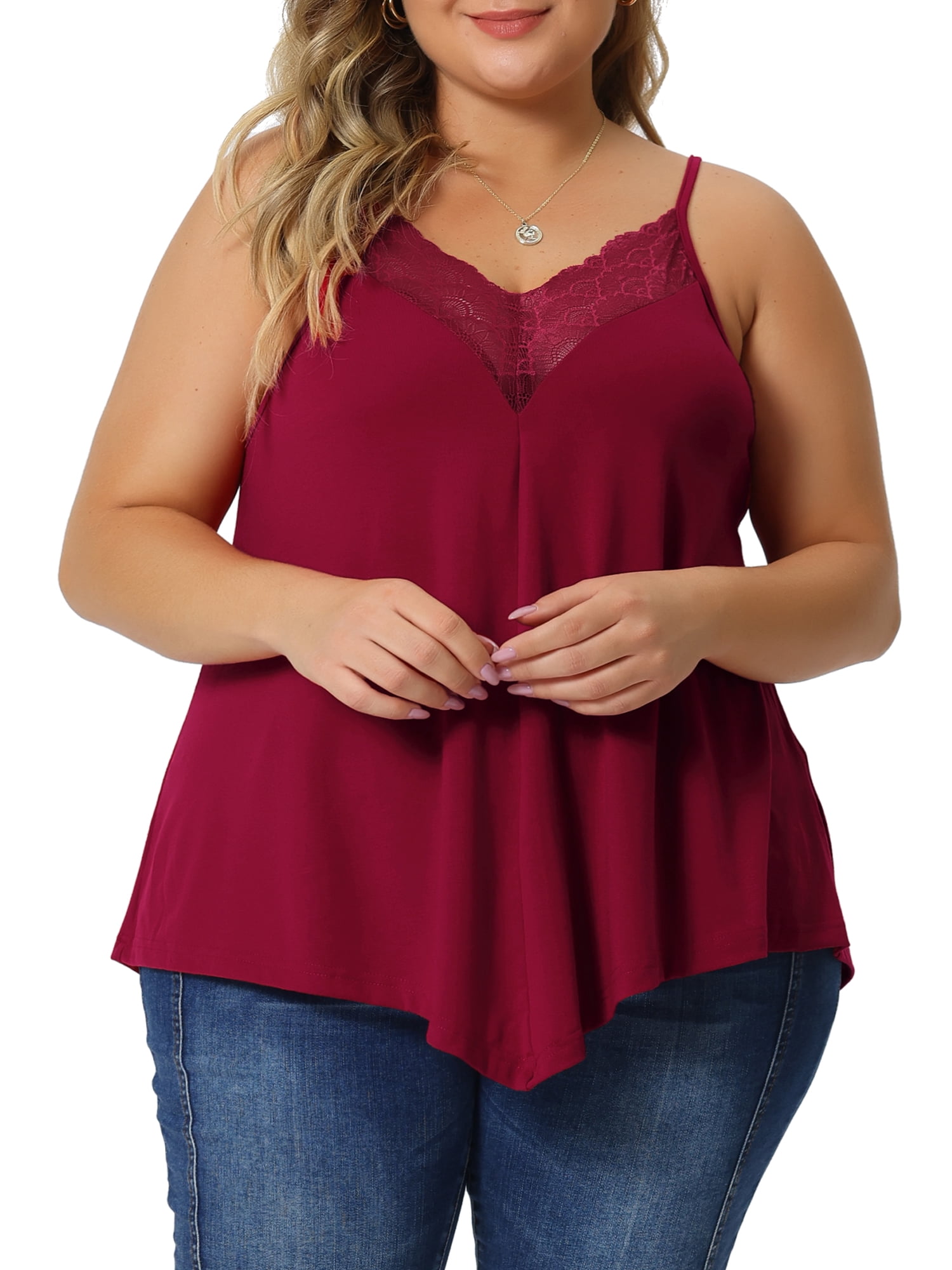 DARING DIVA Women's Plus V-Neck Cami Tank Lace Front Sleeveless Tops 4X Burgundy