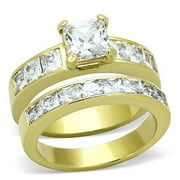 Classic New Stainless Steel Gold IP Square Solitaire CZ Wedding Ring Set  Size 6