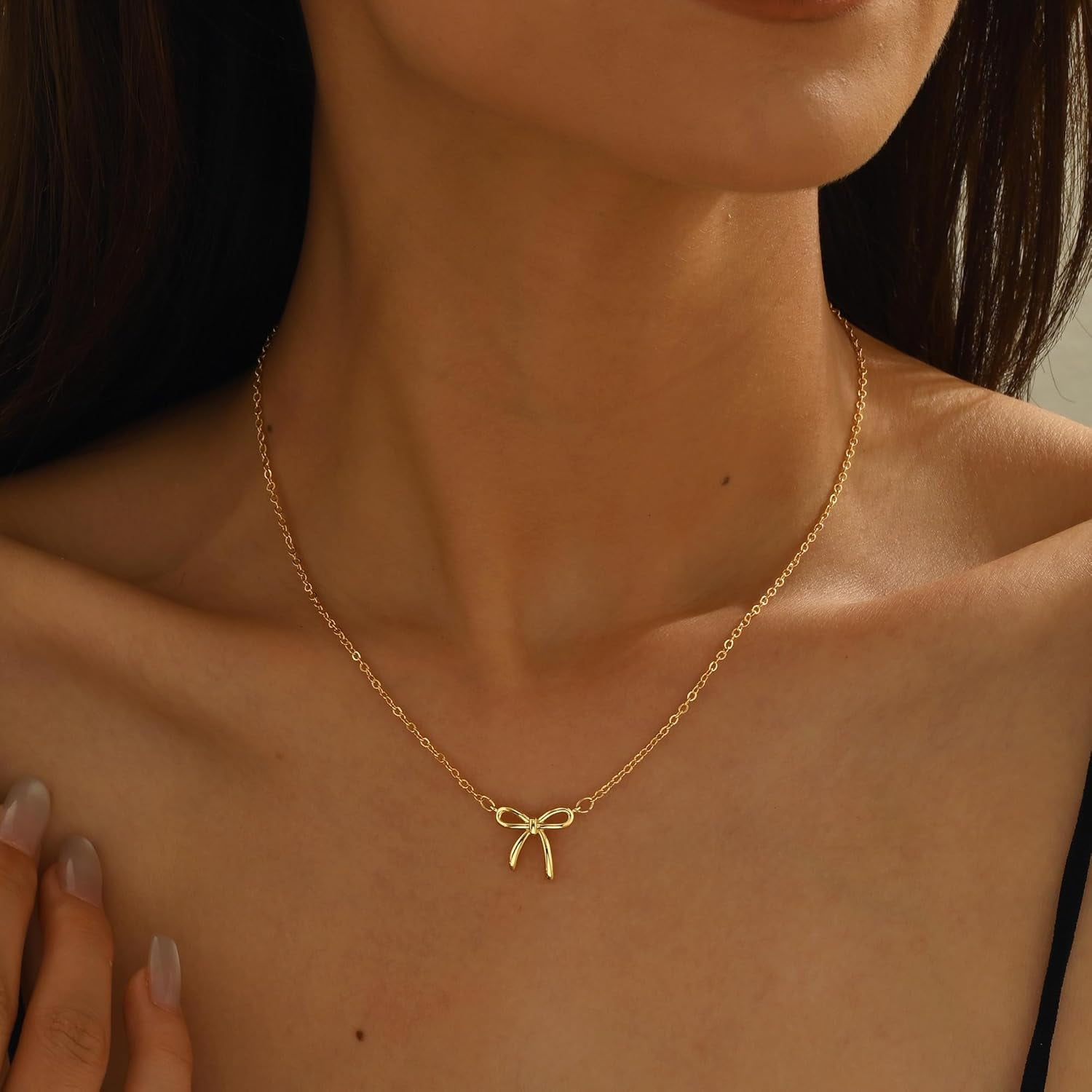 Christmas Gifts Stocking Stuffers Bow Gold Necklace for Women Non Tarnish Dainty 14k Gold Plated Pendant Necklaces Trendy Cute Charm Bow Necklace Gold Jewelry for Women Birthday Gift