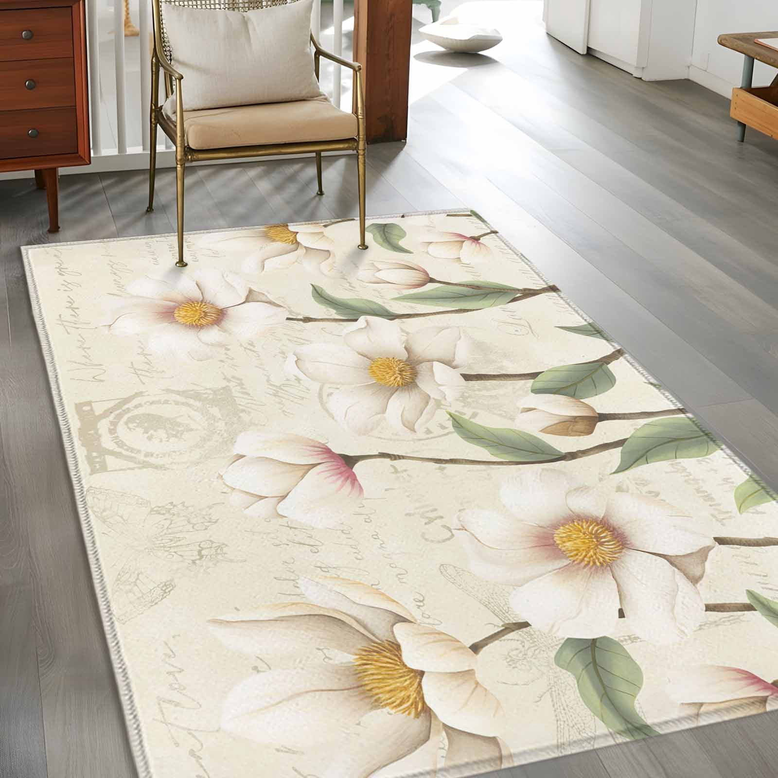 White Floral Area Rugs 4'x6', Washable Small Throw Rugs for Office Bathroom, Spring Country Vintage Flower Leaf Plant Indoor Outdoor Rug Non-Slip Low Pile Carpet Runner Reversible Floor Mats