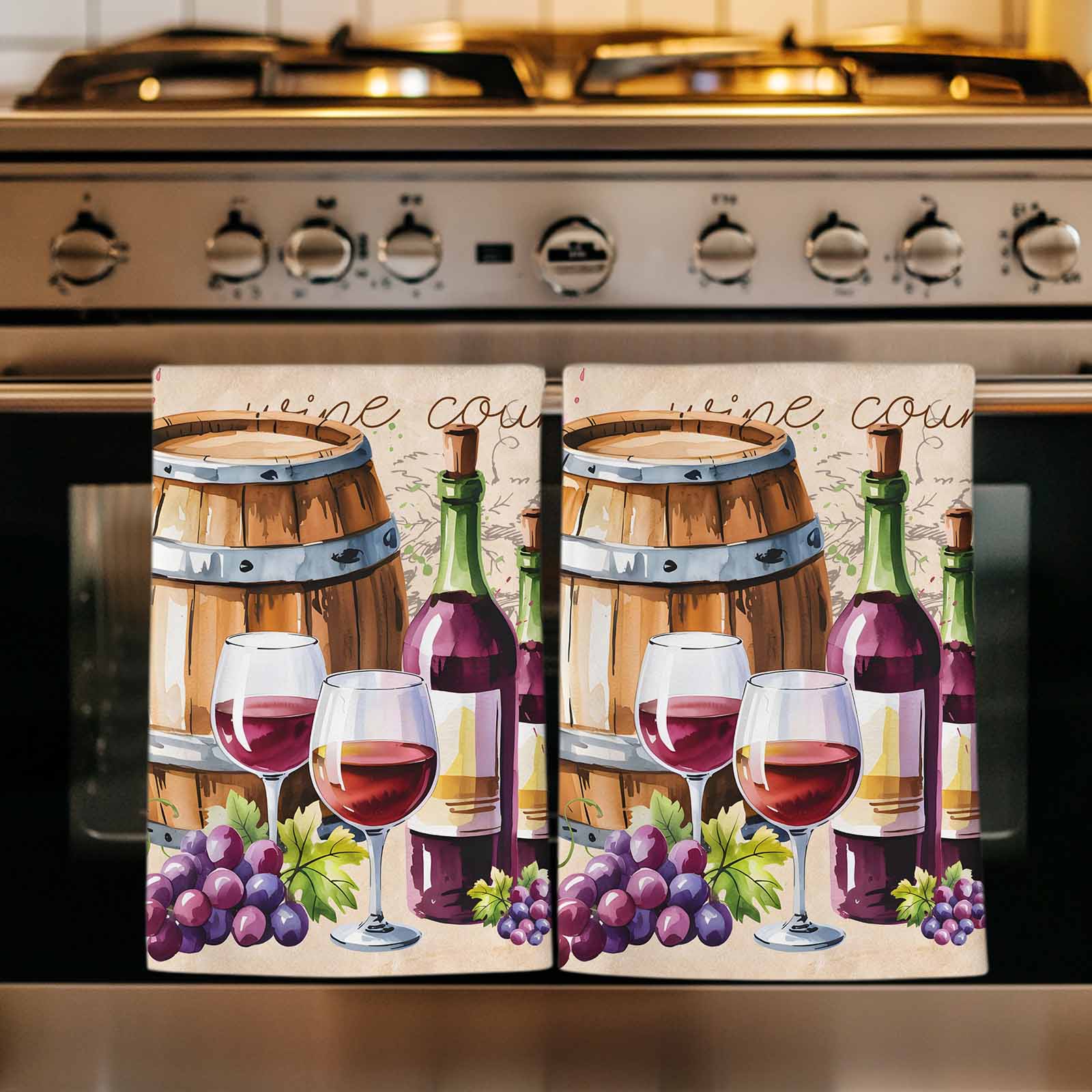 Dish Towels, Wine Cask Absorbent Kitchen Towels 2 PCS, Retro Farmhouse Grape Microfiber Hand Towels Dish Cloths Tea Towels for Home&nbsp;Bathroom Cleaning Drying,18X28-Inch,