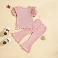 thumbnail image 4 of Zwiiyzr 1-5T Toddler Baby Girl Summer Clothes Set Crewneck Ruffle Knit Ribbed Short Sleeves T-Shirts Tops Flared Pants 2Pcs Outfits Pink, 4 of 7