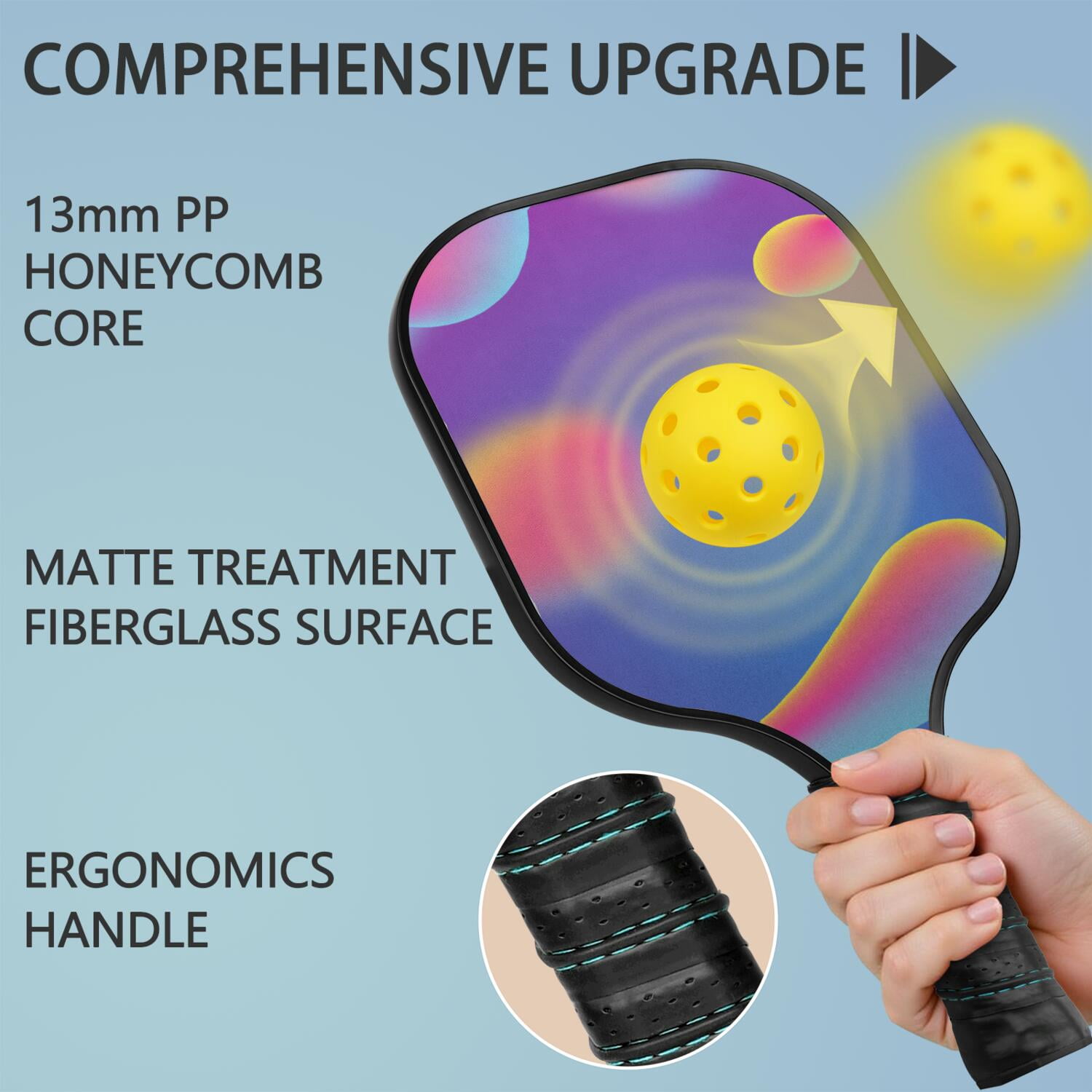 Pickleball Paddles Set Of 1, Fiberglass Surface, Neon Fluid Print, 1 Paddle, 2 Balls & Bag