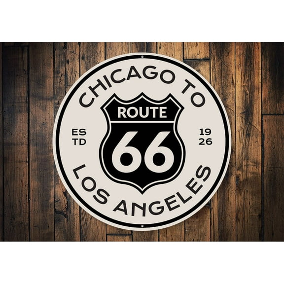 Route 66 Chicago to Los Angeles Novelty Novelty Sign, Metal Wall Decor - 12" Round