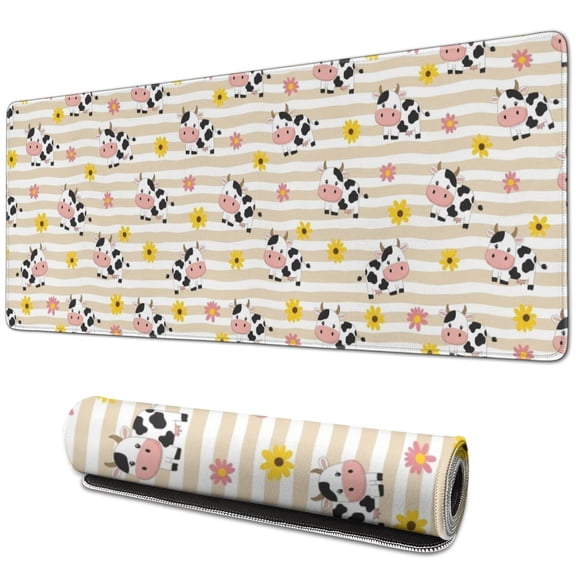 Long Mouse Pads for Desk,Beige Cow Flower Pattern Desk Mats on Top Of Desks, Desk Mouse Pad Extra Large with 3mm Non-Slip Base and Stitched Edge for Gaming,Office,Work,Home 31.5"x11.8"