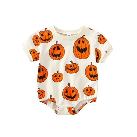 

Amuver Newborn Baby Halloween Romper Short Sleeve Cartoon Pumpkin Printed Round Neck Bodysuit Casual Simple Short Jumpsuit