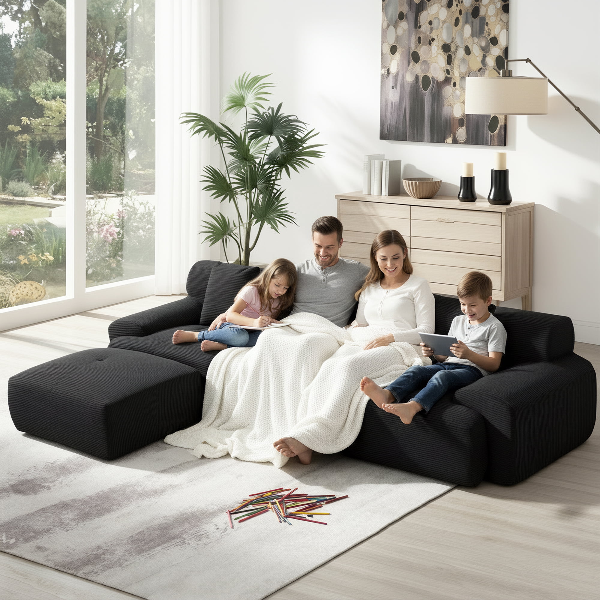 GAOHAPY 107"Modern L Shaped Modular Sectional Sofa, Oversized Corduroy Couch Deep Seat, Boneless Cloud Couch with Ottoman, 30D Sponge for Indoor Living Room, No Assembly Required(Black)