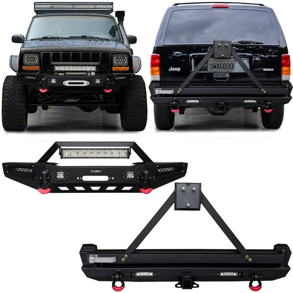 Vijay Compatible with 1984-2001 Jeep Cherokee XJ Front and Rear Bumper Textured Steel with Spare Tire Rack and Lights