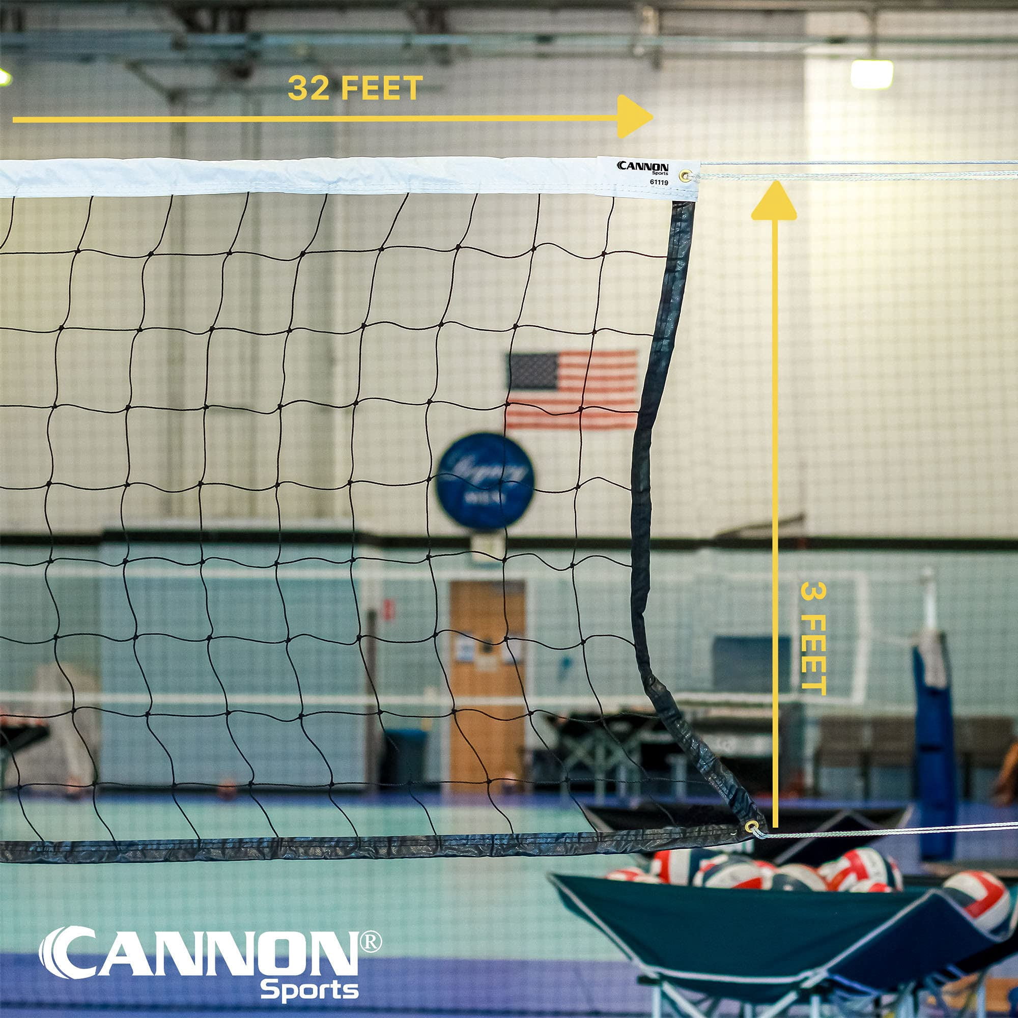 Cannon Sports Regulation Volleyball Net - Durable Indoor Outdoor Net 32 FT Length x 3 FT High for Competition, Backyard, Gym, Training, & Beach Play - Pro Quality 6mm Braided Rope Cable - Easy Setup