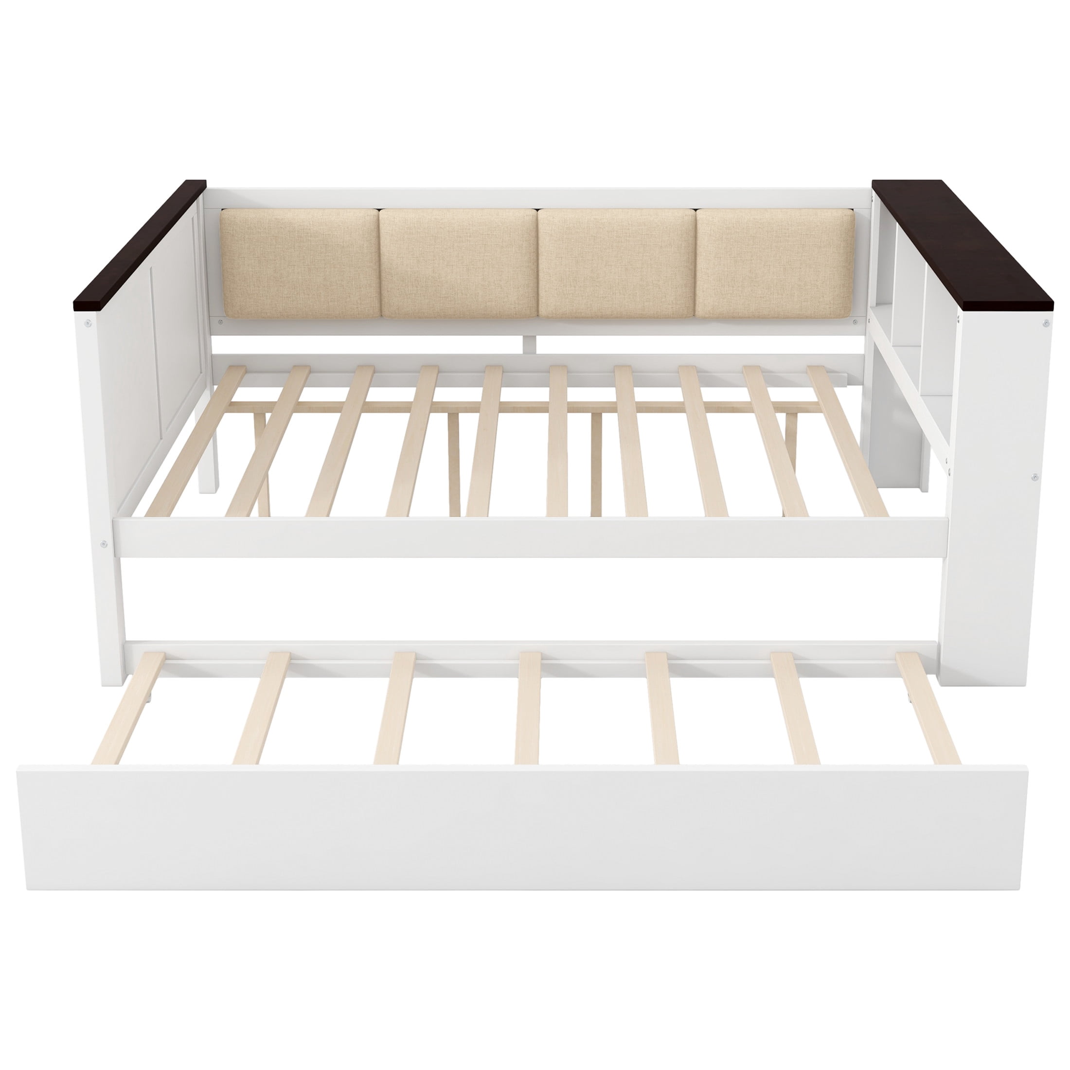 Noble House Full Size Daybed with Trundle and USB, Wood Sofa Bed with Storage Shelves, Upholstered Backrest, White
